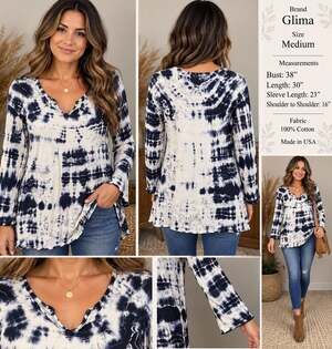 Glima Women’s Tie-Dye Knit Scoop Neck 3/4 Sleeve Cotton Tee M Lightweight